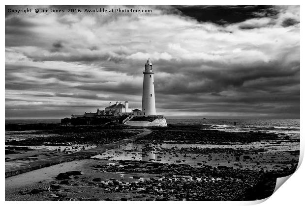 St Mary's Lighthouse and Island in B&W Print by Jim Jones