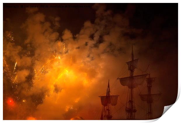Ghost ships through fireworks Print by Jim Jones