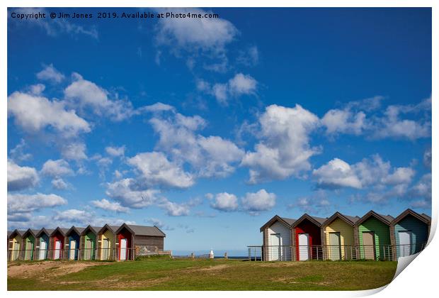 Colourful beach huts at Blyth Print by Jim Jones