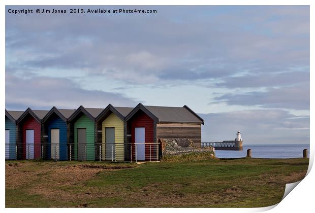 Colourful beach huts at Blyth, Northumberland. Print by Jim Jones