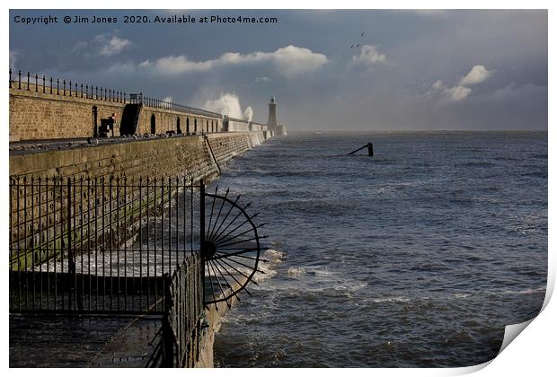Waves splashing over Tynemouth Pier Print by Jim Jones