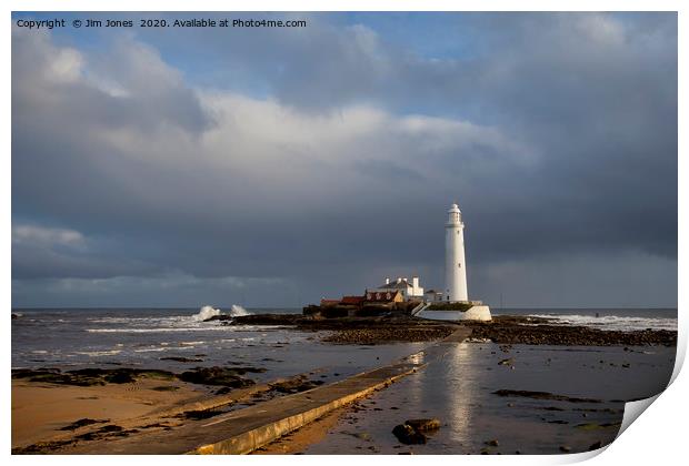 St Mary's Lighthouse lit up in sunshine Print by Jim Jones