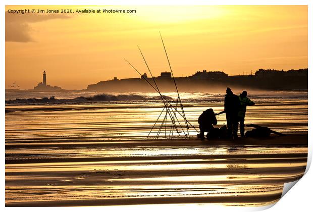 Fishermen on the beach at sunrise Print by Jim Jones