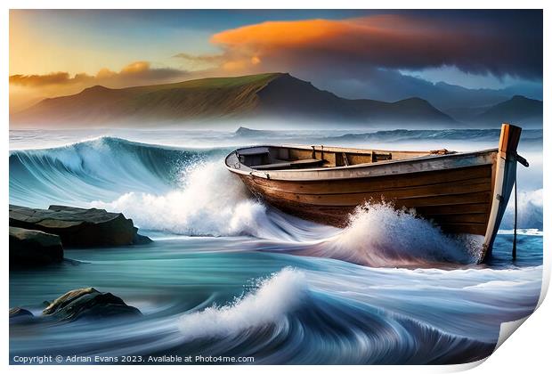 Boat Caught In Stormy Seas  Print by Adrian Evans