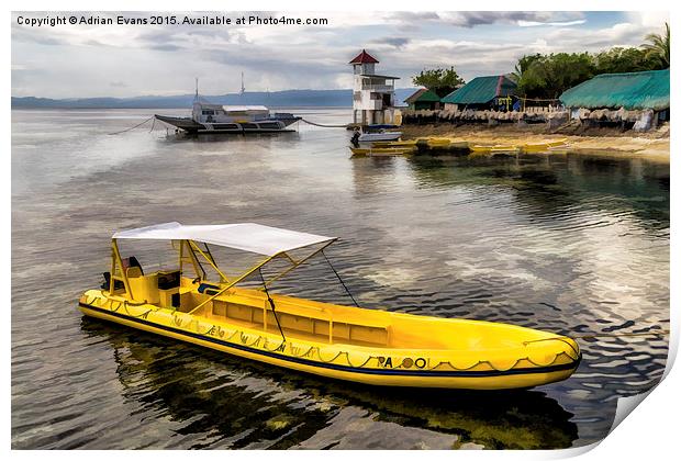 Yellow Tour Boat Nalusuan Island Philippines Print by Adrian Evans