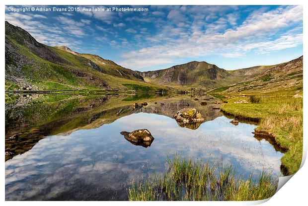 Mountain Reflection Llyn Ogwen Snowdonia  Print by Adrian Evans