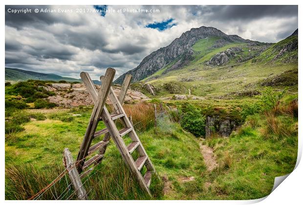 Ladder Stile To Tryfan Mountain Print by Adrian Evans