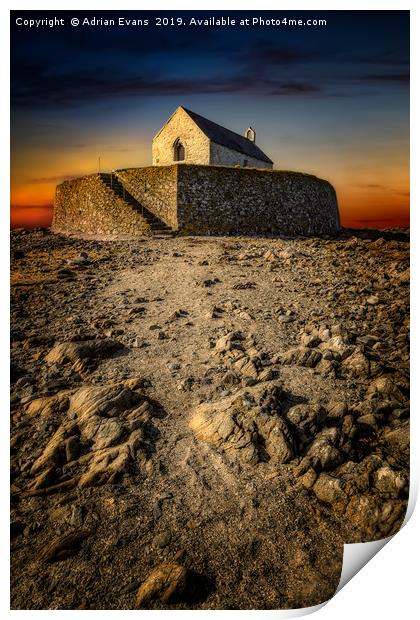 St Cwyfan Church Sunset Print by Adrian Evans