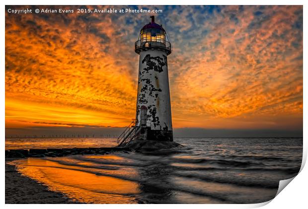 Talacre Beach Lighthouse Sunset Print by Adrian Evans