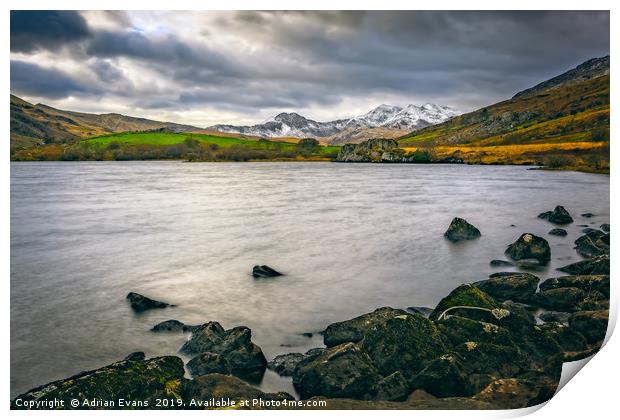 Mymbyr lake Snowdonia  Print by Adrian Evans