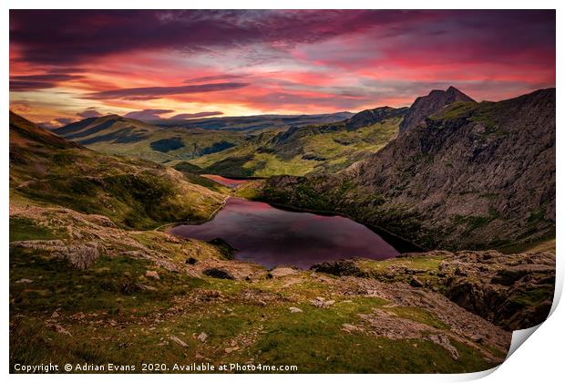 Glaslyn Lake Sunset Snowdonia Print by Adrian Evans