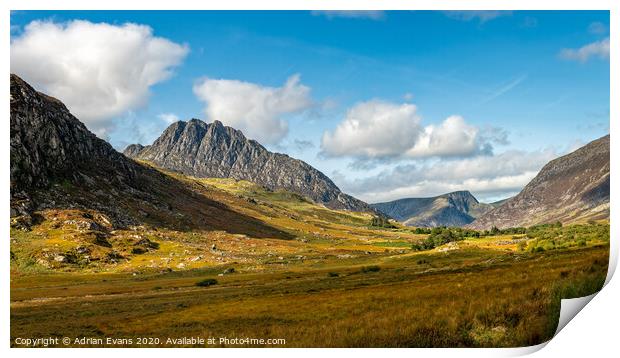 Tryfan and Ogwen Valley Snowdonia Wales Print by Adrian Evans