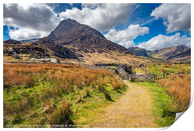 Tryfan and the Ogwen Valley Wales Print by Adrian Evans
