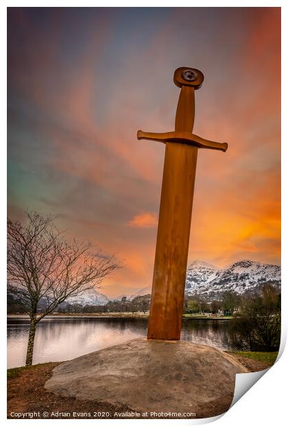 Llanberis Lake and Sword Snowdonia  Print by Adrian Evans