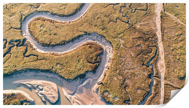 A lone rowing boat on the meandering creeks of Burnham Deepdale Print by Gary Pearson