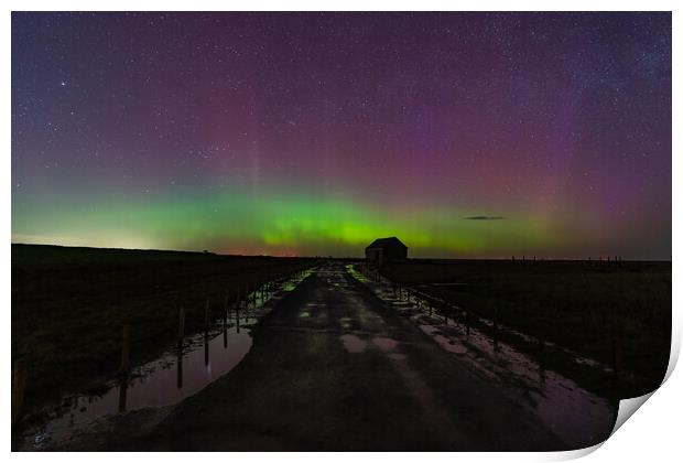 Northern lights dancing over the old coal barn at Thornham  Print by Gary Pearson