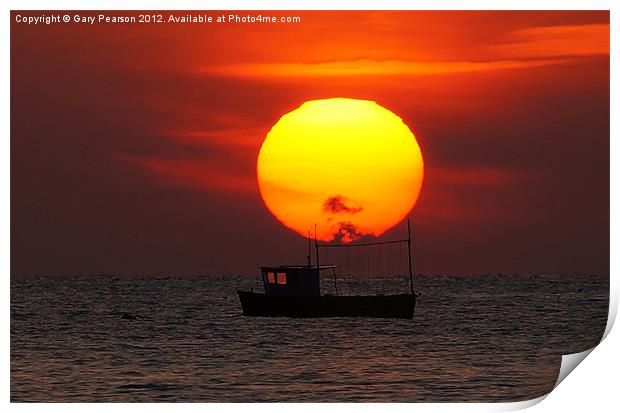 Sunset Fishing Boat Silhouette Print by Gary Pearson
