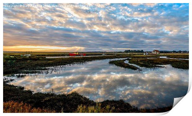  Sunrise over the quay or staithe at Thornham in N Print by Gary Pearson