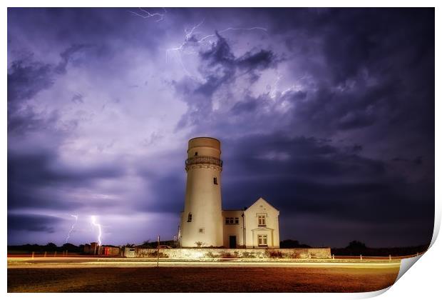 Lightning over the old lighthouse  Print by Gary Pearson