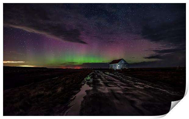 Northern lights over the old coal barn at Thornham Print by Gary Pearson
