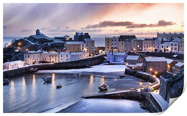 Tenby Harbour in the Snow Print by Ben Fecci