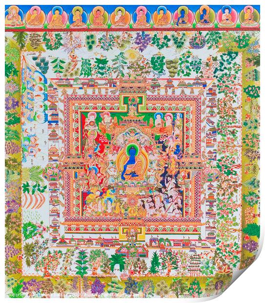 Medicine Buddha Mandala, the centre figure of Bhaisajyaguru repr Print by stefano baldini