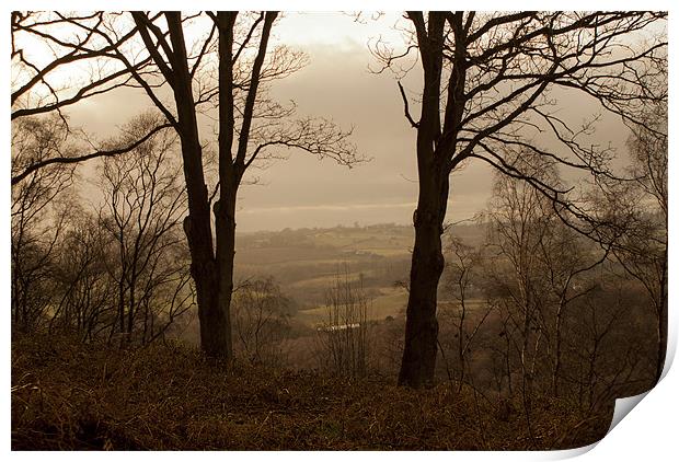 View from the top of Kinver Hills on a misty day Print by Kelly Astley