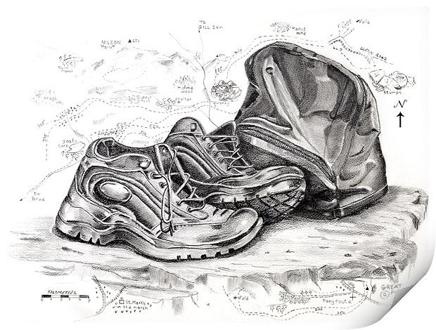 Walking boots. Print by David Worthington