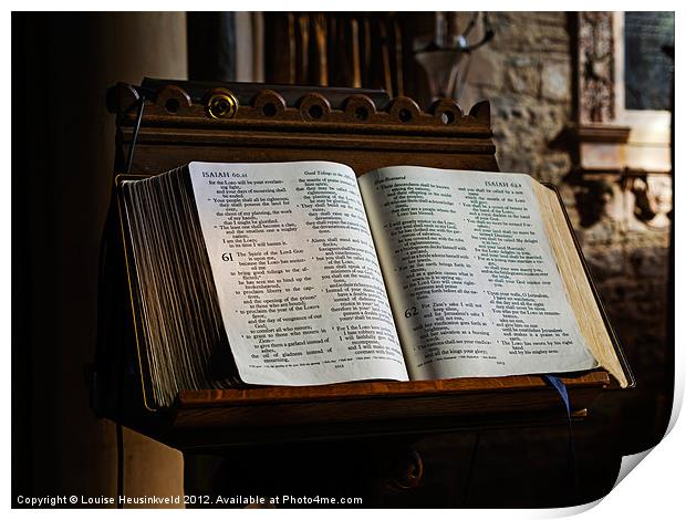 Bible open on a lectern Print by Louise Heusinkveld