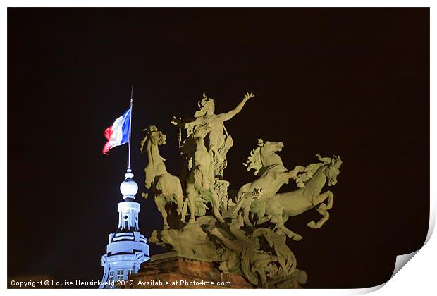 Bronze horses and the flag of France Print by Louise Heusinkveld