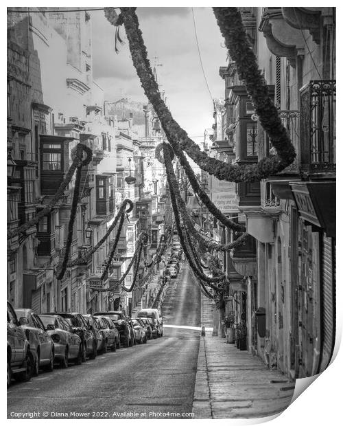 Valletta Street Festival time monochrome Print by Diana Mower