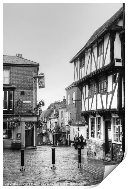 Lincoln Cathedral Quarter Rainy Day Monochrome. Print by Diana Mower