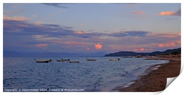 Corfu beach at sunset Greece Print by Diana Mower