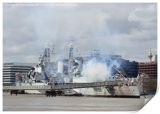 HMS Belfast Firing Gun Salute Thames London Print by Diana Mower