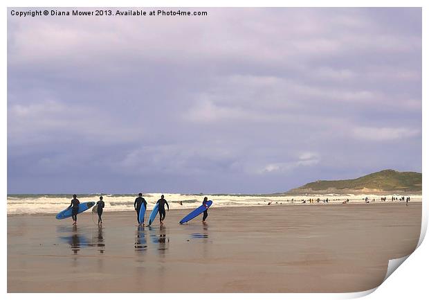 Woolacombe Beach Surfers Print by Diana Mower