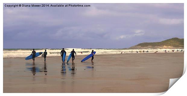Surfers at  Woolacombe beach, Devon Print by Diana Mower