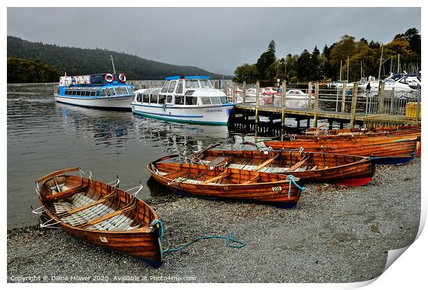 Boats at Bowness on Windermere Cumbria  Print by Diana Mower