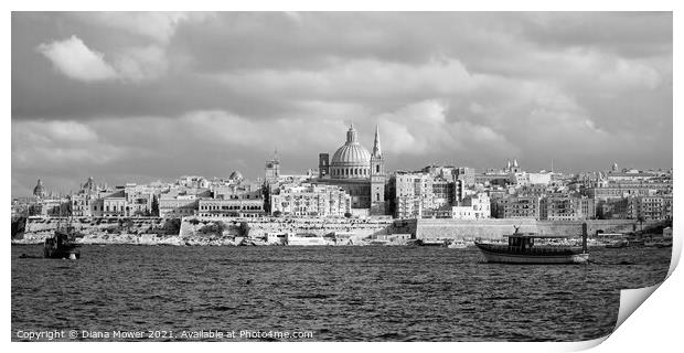 Valletta Skyline Malta Monochrome   Print by Diana Mower