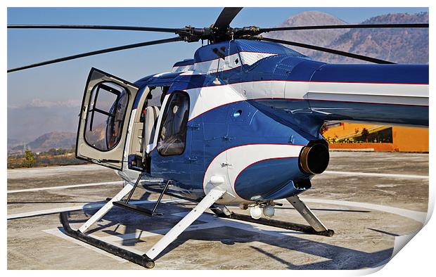 Blue and White helicopter on helipad Print by Arfabita  