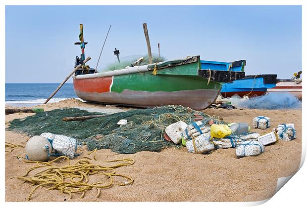 Fishermans boats moored Calangute Beach Goa Print by Arfabita  