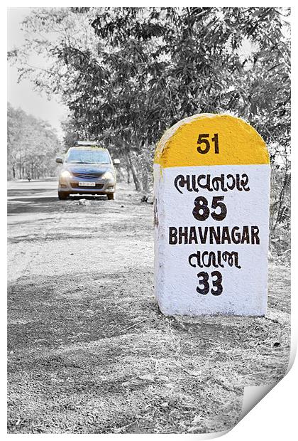 MPV and 85 kilometers to Bhavnagar milestone Print by Arfabita  
