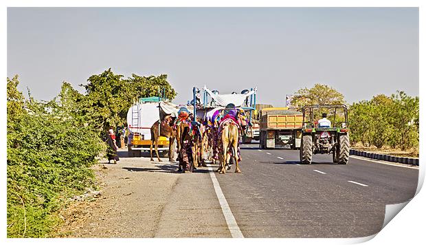 Road congestion Pedestrians Camel Caravan Tractor  Print by Arfabita  
