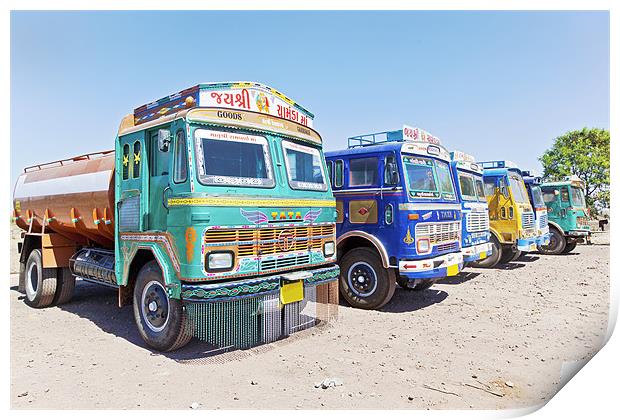 Colorful Indian trucks at a Dhabha Print by Arfabita  