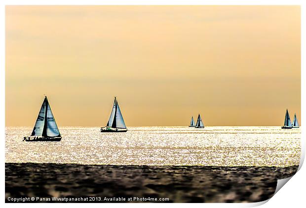Sailboats and the Golden Sky Print by Panas Wiwatpanachat