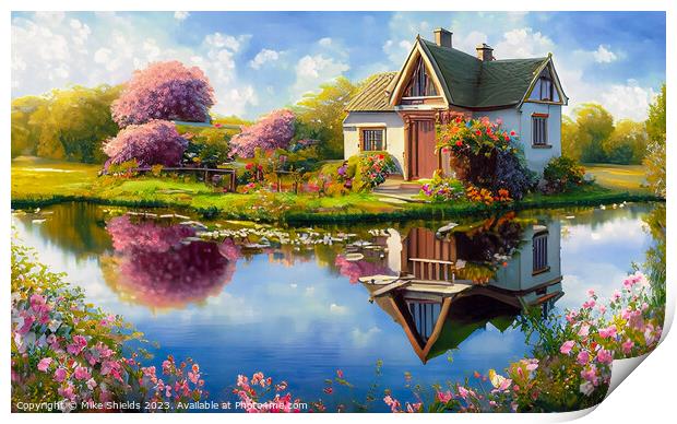 Enchanted Pondside Cottage Print by Mike Shields