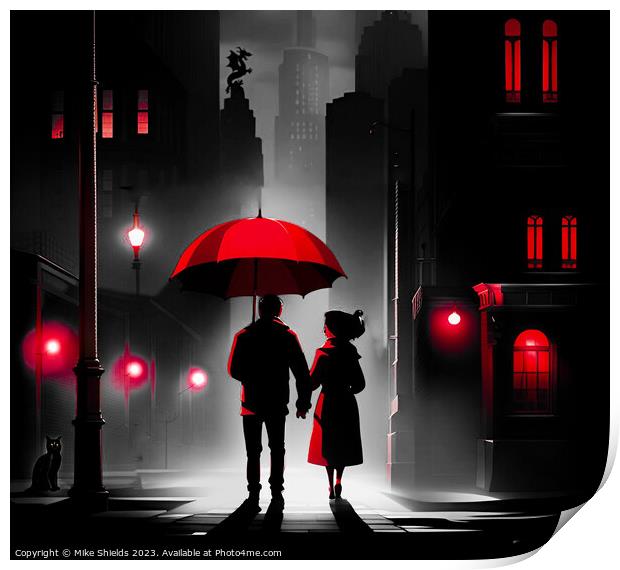 Enigmatic Love under Crimson Parasol Print by Mike Shields