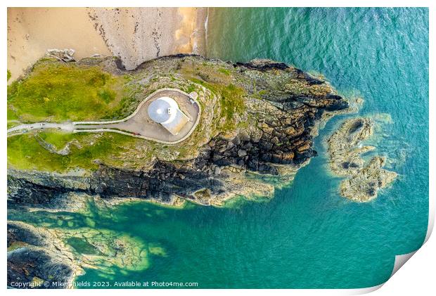 Llanddwyn Lighthouse from above Print by Mike Shields