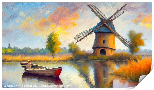 The Lady in the Boat by a Windmill Print by Mike Shields