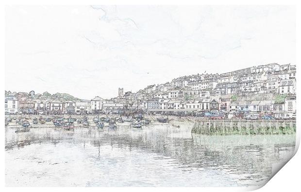 Brixham harbour pencil effect Print by Anthony Kellaway