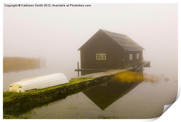 Boat house in mist Print by Kathleen Smith (kbhsphoto)